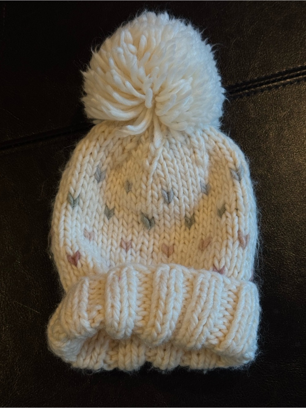 Cream Knit Pom Beanie for Kids with Subtle Multicolor Dots
